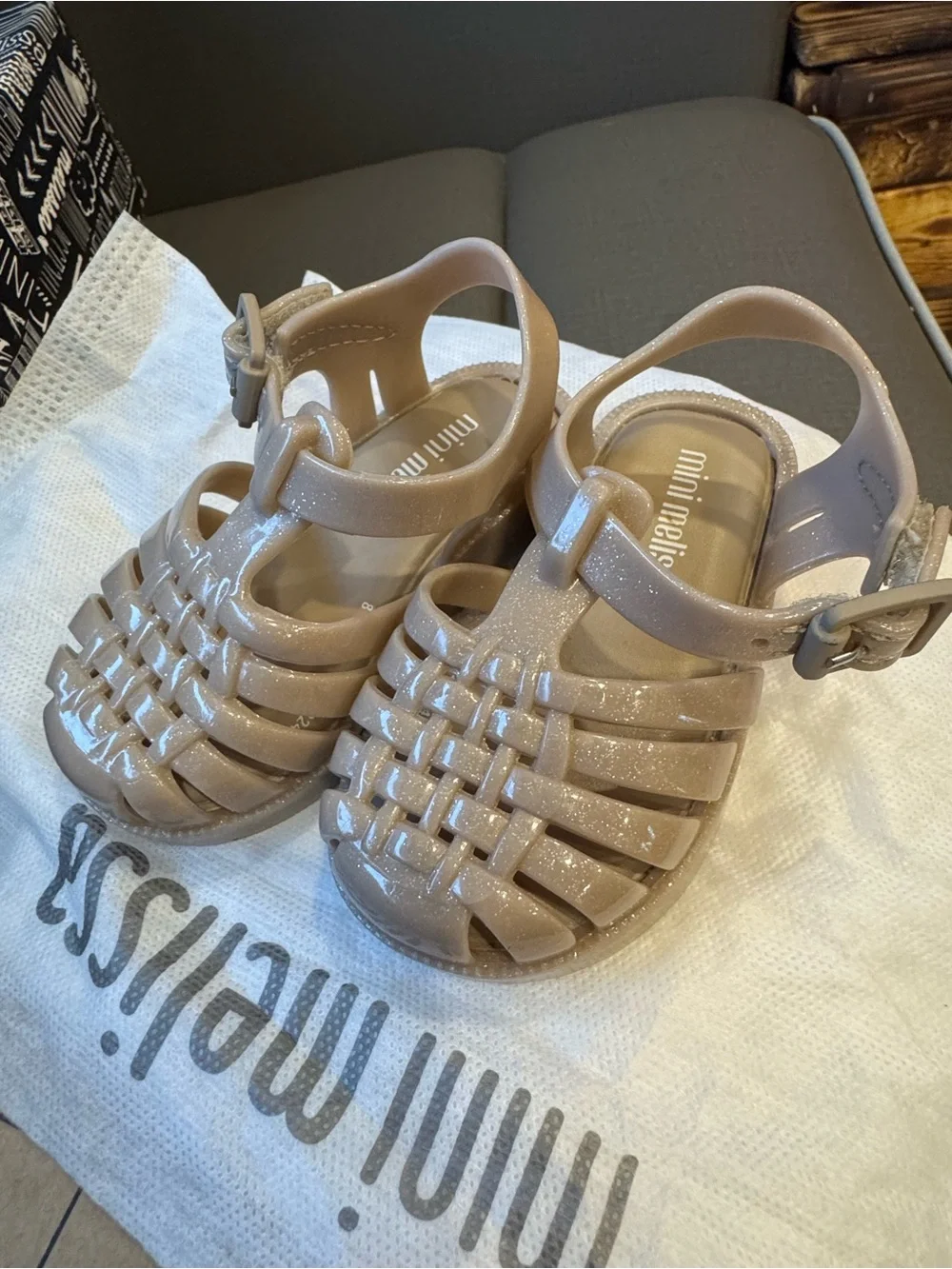 Mini Melissa Girls' Sparkle Nude Woven Jelly Sandals